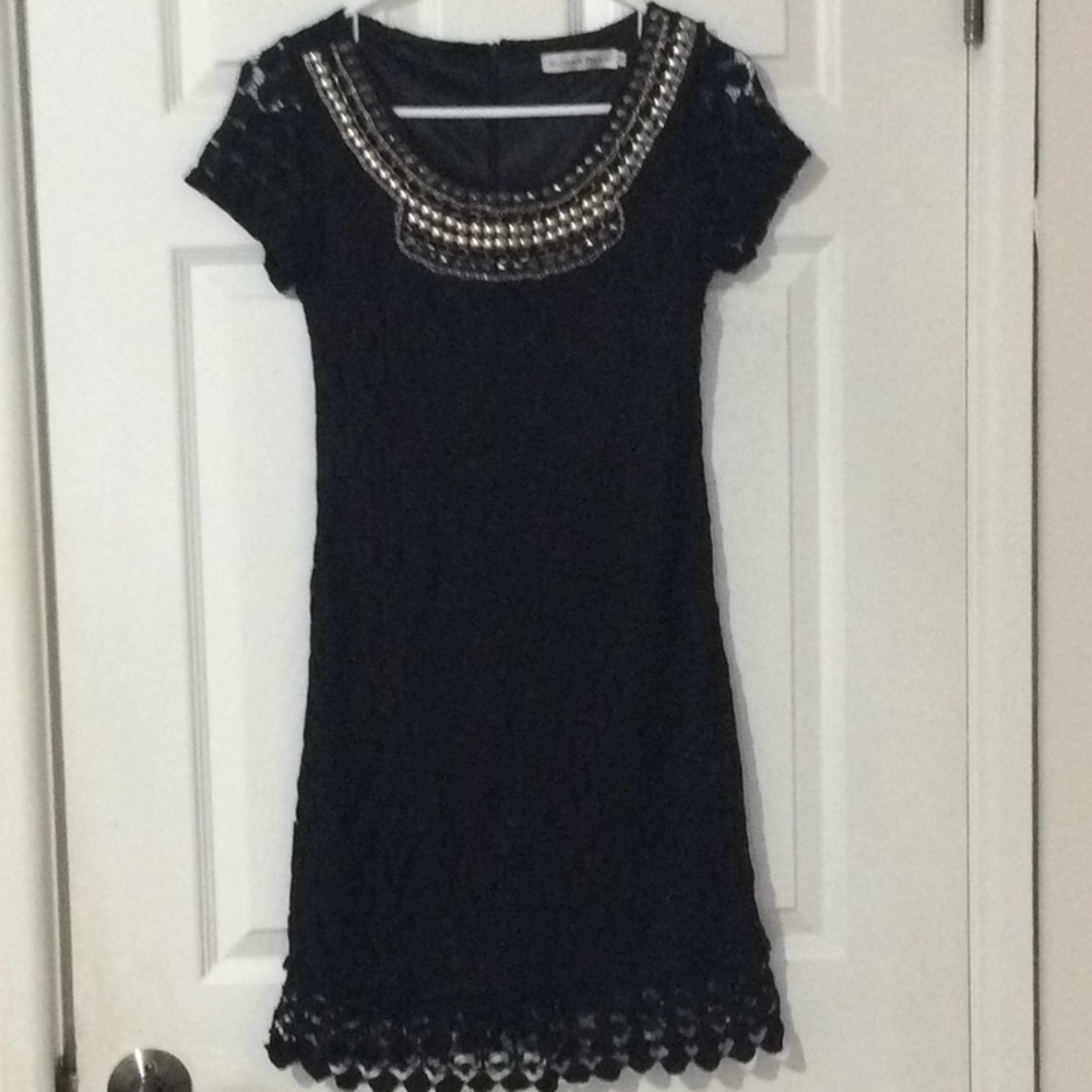Black Lace Dress with Embellished Neckline